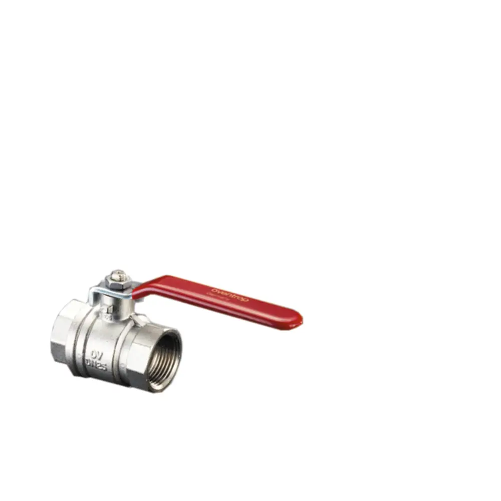 Kugelhahn mit Hebelgriff von Oventrop, aus vernickeltem Messing, mit Innengewinde. Das Produkt ist für Rohrleitungen in der Sanitär- und Heizungsinstallation geeignet.
